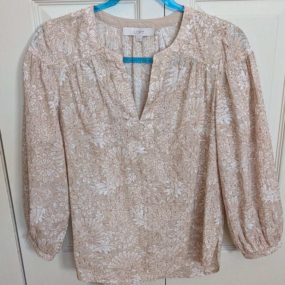 NWOT Pullover V-neck blouse with gold and shimmer accents